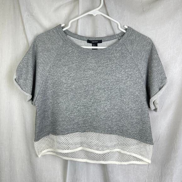 Forever 21 Heather Grey Cropped Sweatshirt White Mesh Trim Athletic T-shirt NWT - Picture 12 of 16